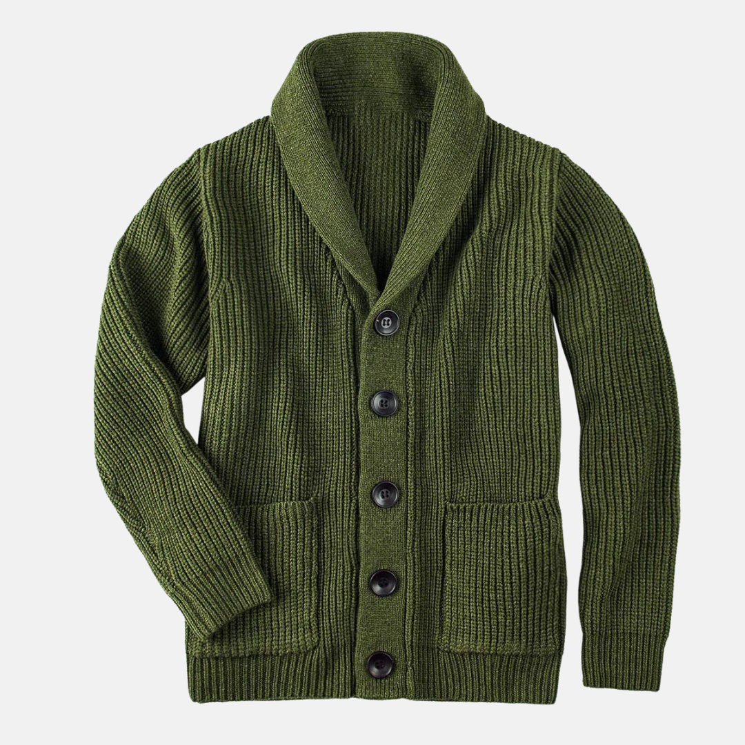 Men's ribbed knit shawl collar cardigan coat, button-front with patch pockets, regular fit
