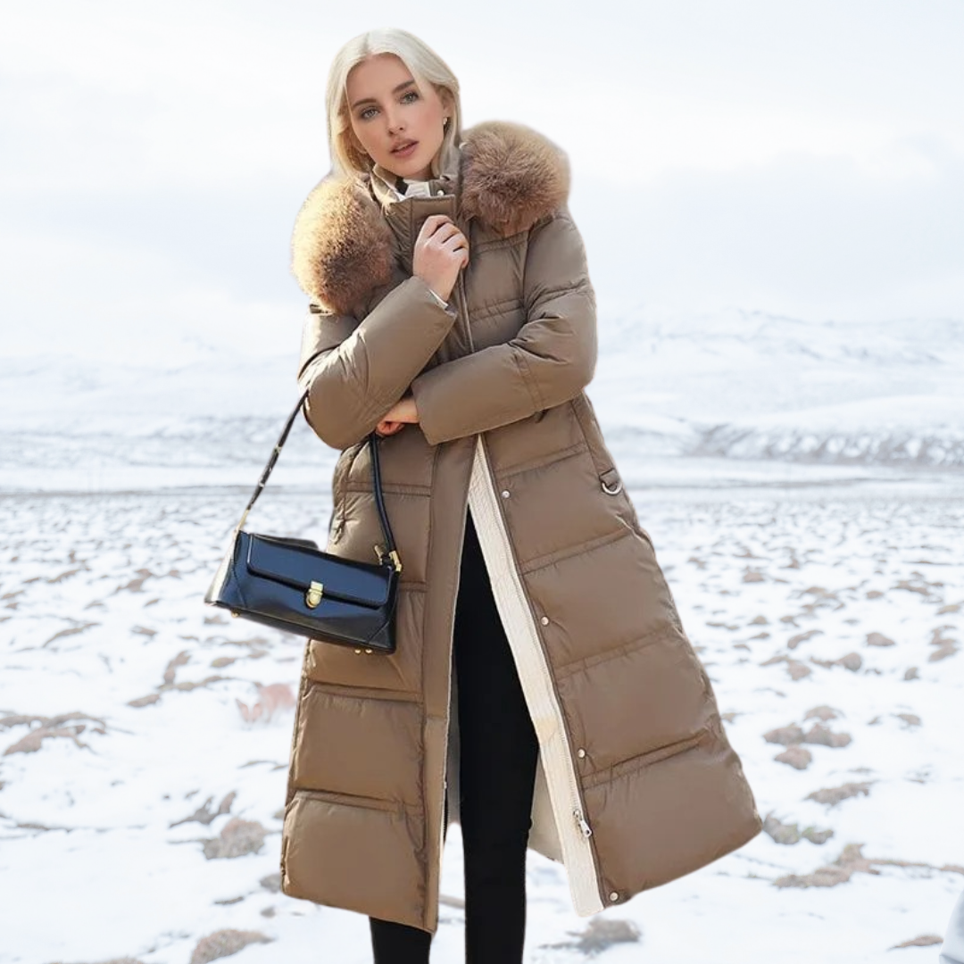 Women's winter parka coat with detachable fur hood, weatherproof premium design for cold weather