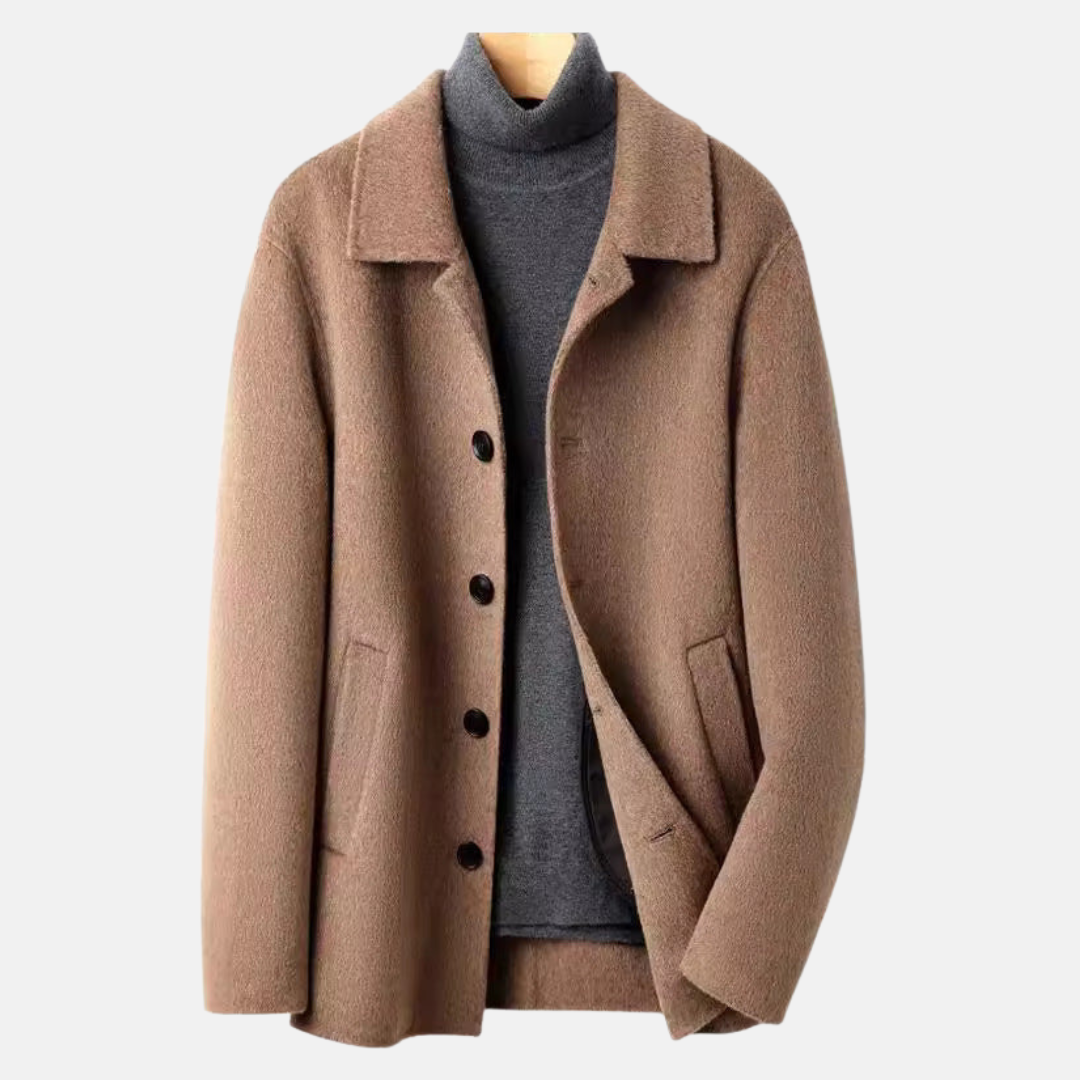 Men's regular fit wool car coat in classic neutral tone with button front closure and tailored silhouette