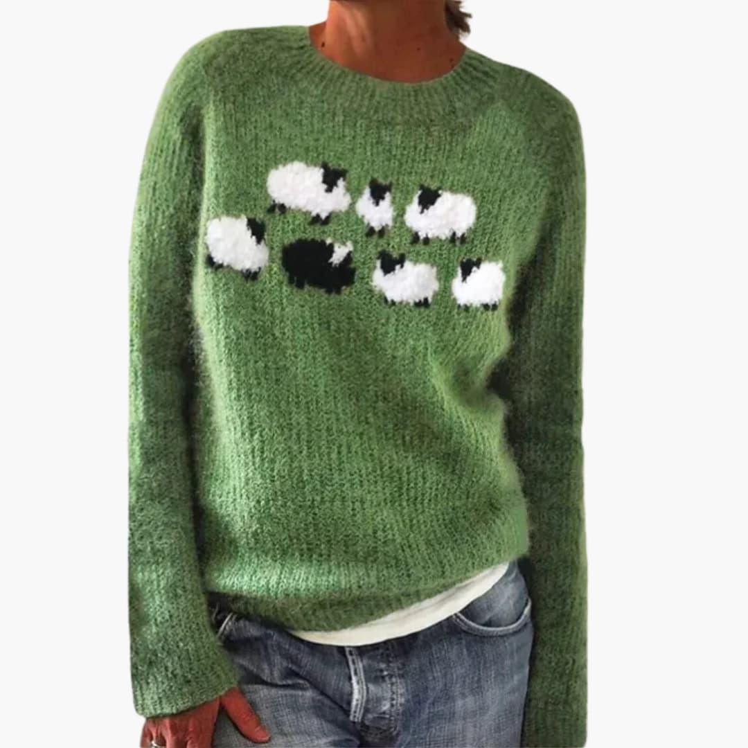 Women's multicolor geometric knit sweater, round neck, long sleeves, ribbed cuffs cozy fit