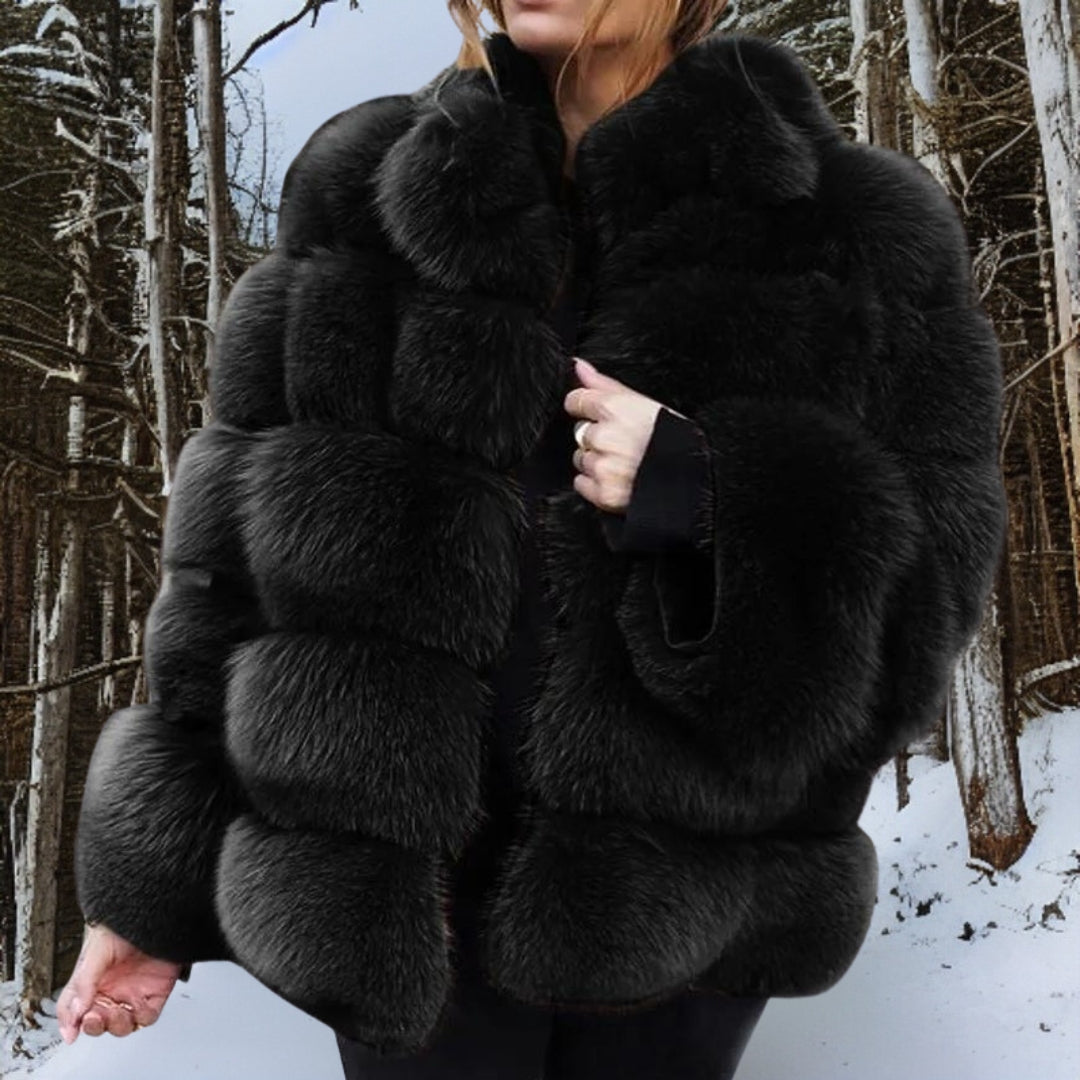 Women's black faux fur jacket medium length plush quilted voluminous design fall winter coat