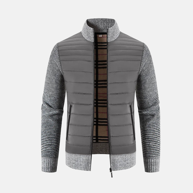 Men's slim fit hybrid padded jacket, quilted torso with ribbed knit sleeves, urban city style
