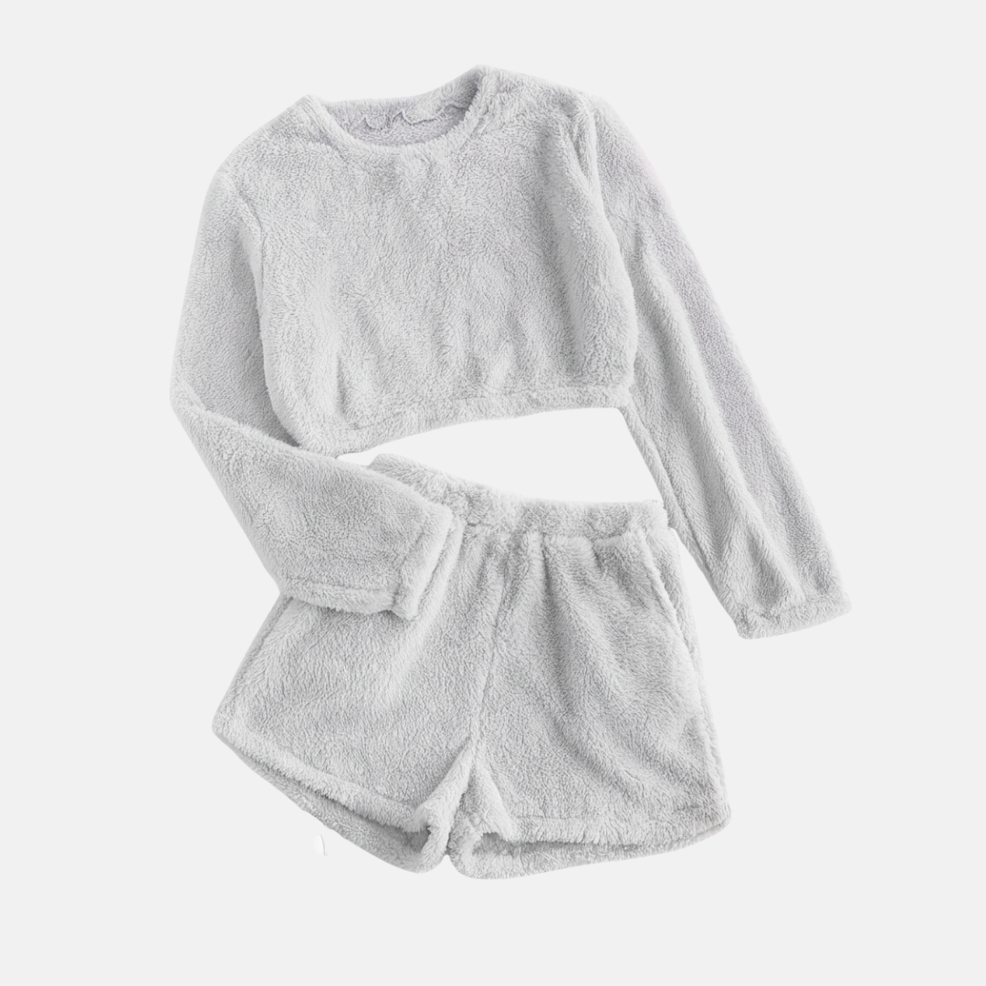 Women's textured plush two-piece loungewear set cropped long sleeve top high-waisted shorts cloud-soft