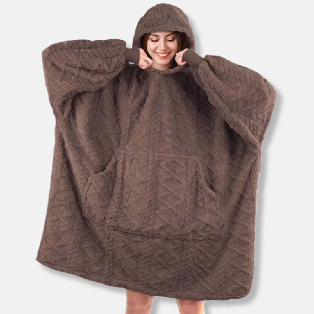 Women's oversized plush knit blanket hoodie with kangaroo pocket, cozy lounge sweatshirt