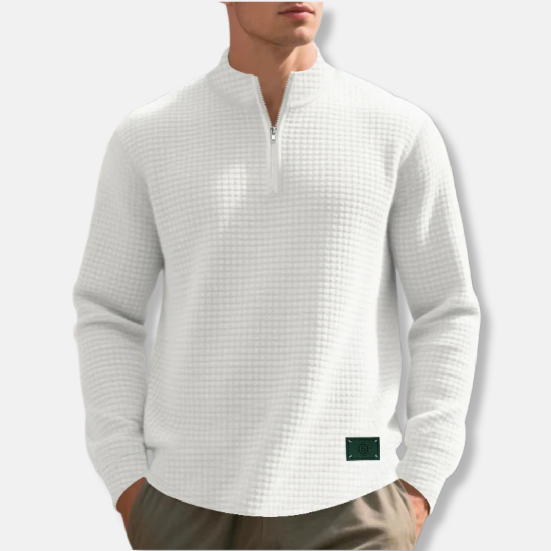 Men's gray waffle knit mock neck quarter zip sweater regular fit with textured fabric detail