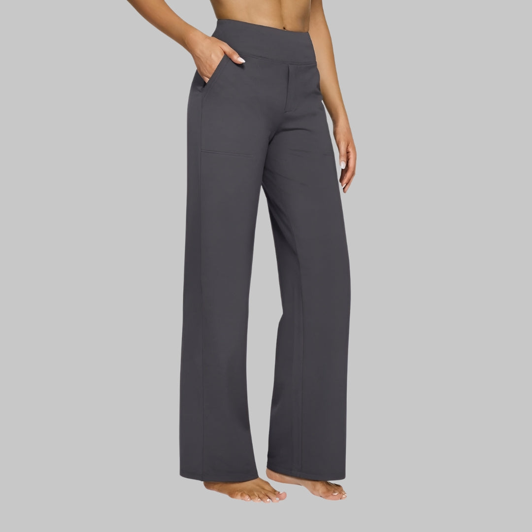 Women's high-waist straight-leg pants with smooth waistband, relaxed everyday fit and clean modern silhouette