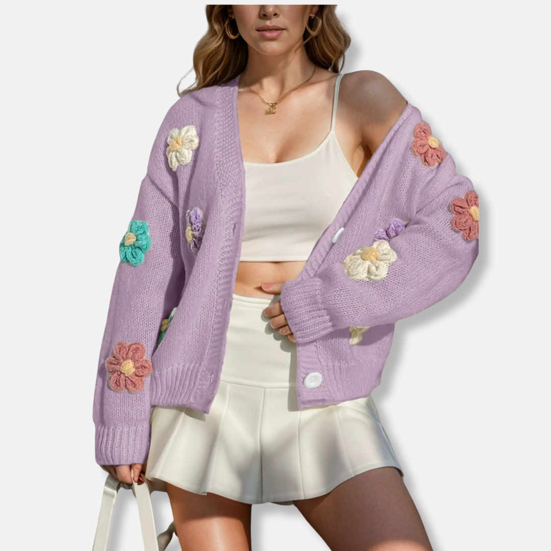 Women oversized wool blend knitted cardigan with handmade floral accents and button-front closure