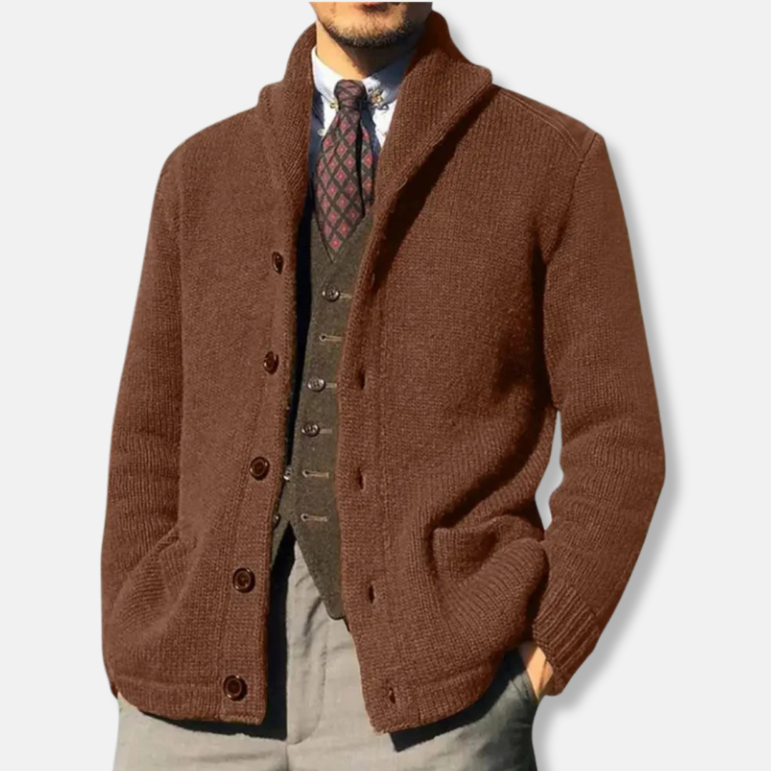 Men's wool-blend knit cardigan in classic shawl collar button-front regular fit with ribbed cuffs