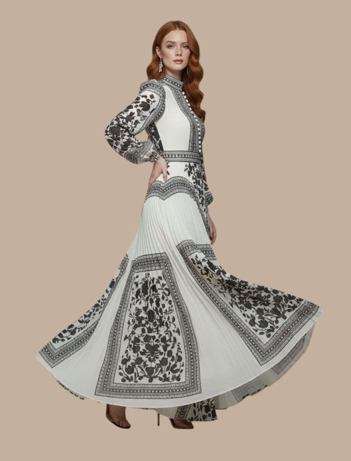 Women's pleated maxi evening gown, high neck long sleeves, floor-length formal dress with intricate pleating