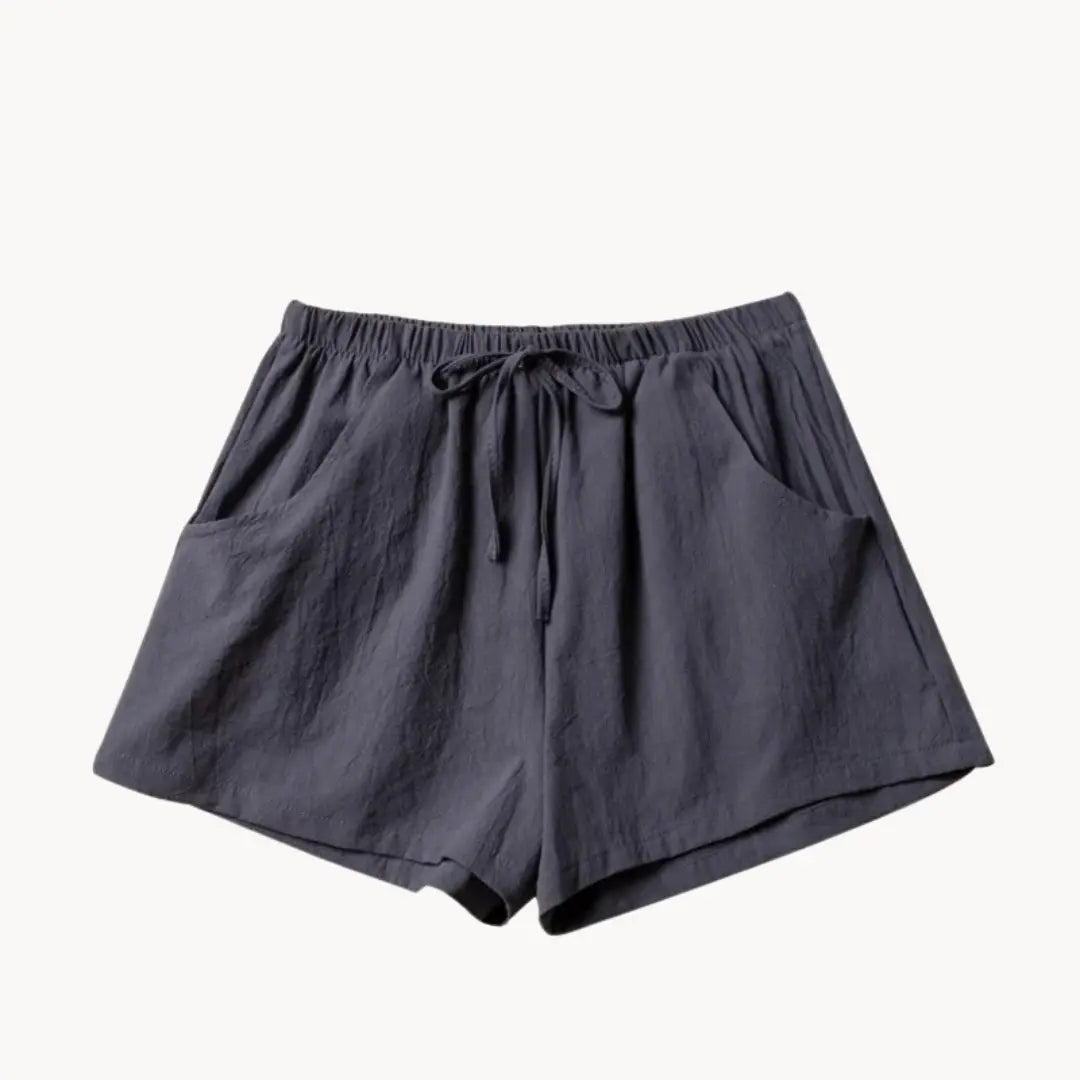 Women's high-waist linen shorts with elastic drawstring waistband and slant pockets lightweight casual fit