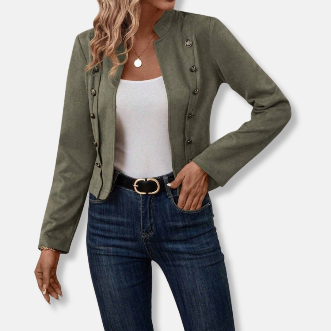 Women's tailored fit blazer jacket with band collar, decorative buttons, sleek everyday chic style