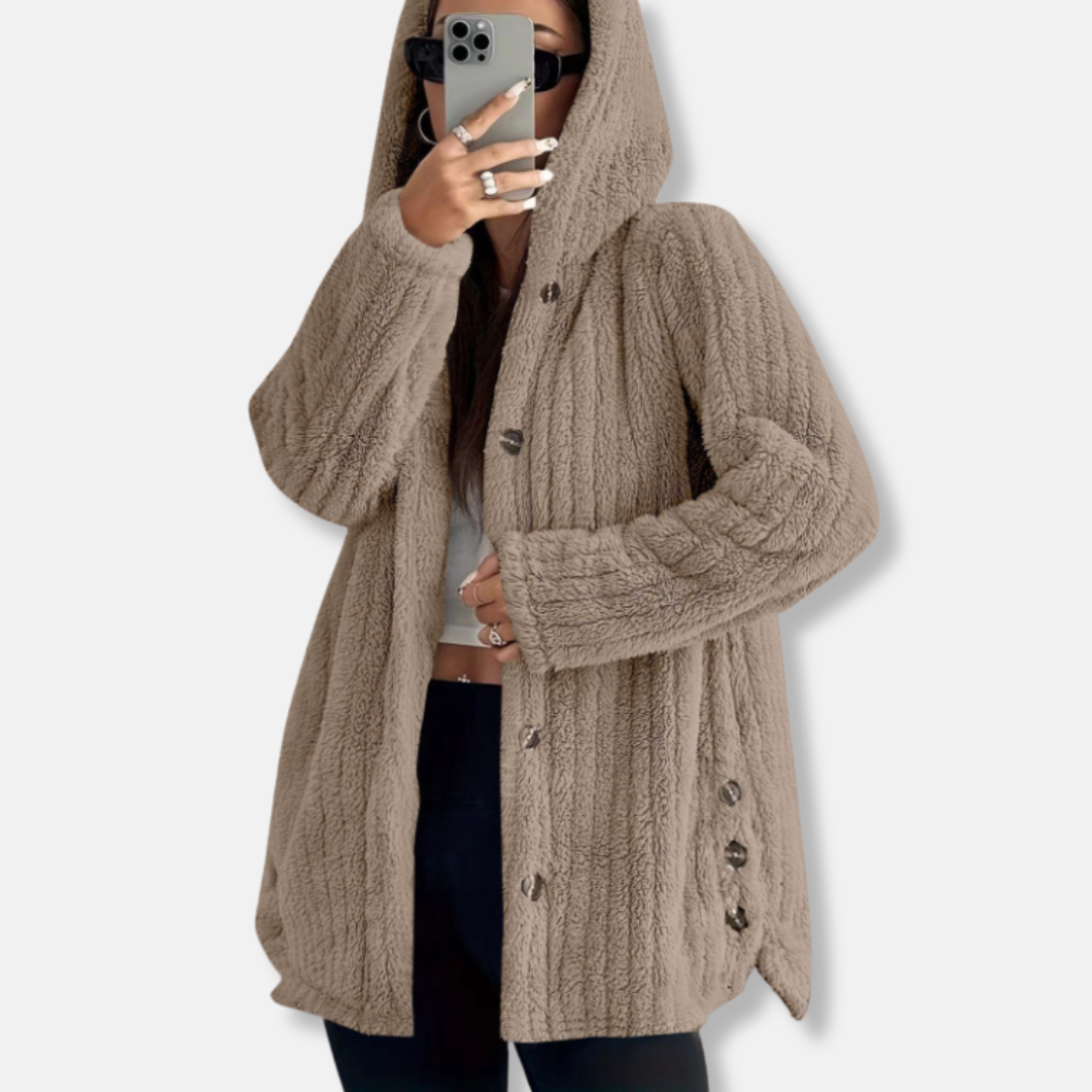 Women's plush faux shearling hooded coat loose fit button front mid-length soft textured warmth