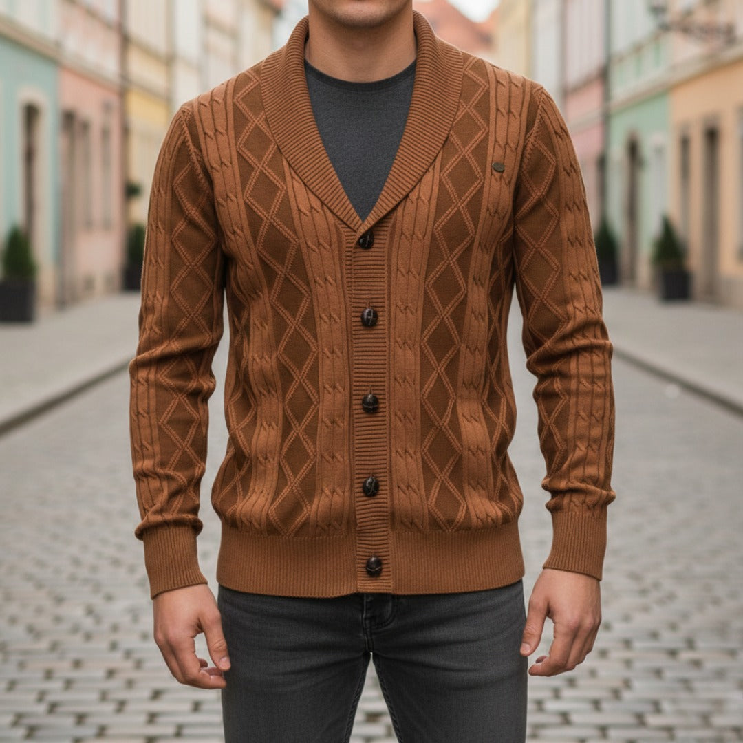 Men's shawl collar cardigan button-front classic knit sweater warm versatile blue beige brown black