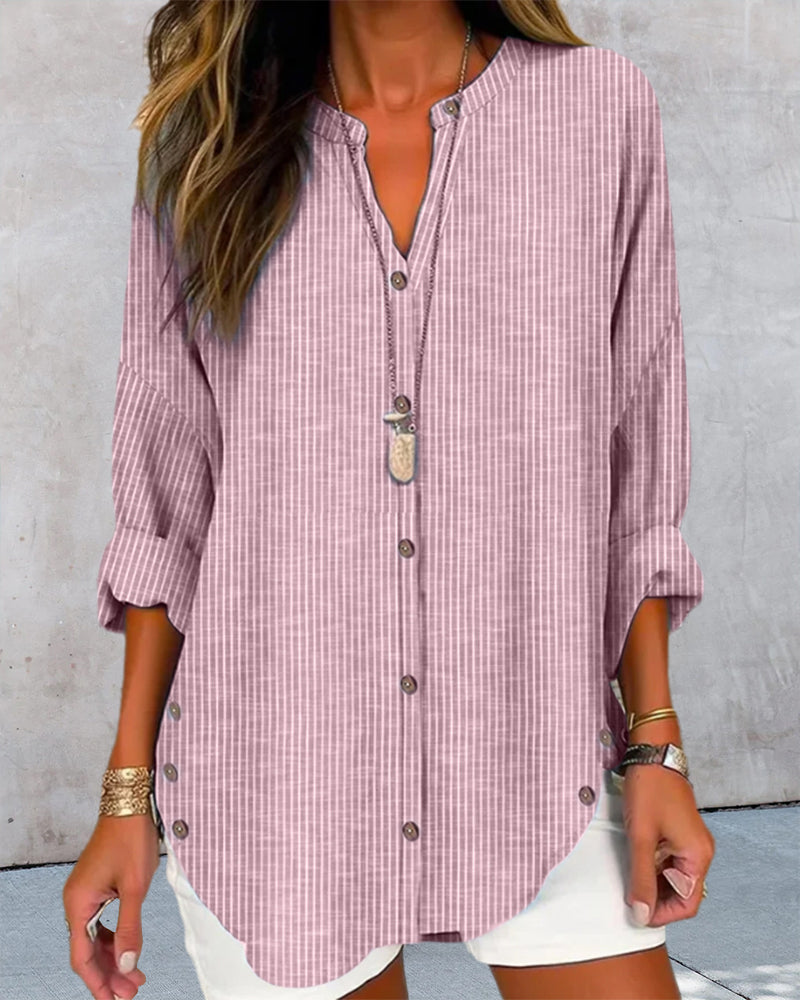 Women's striped V-neck top casual chic flattering silhouette versatile office weekend wear