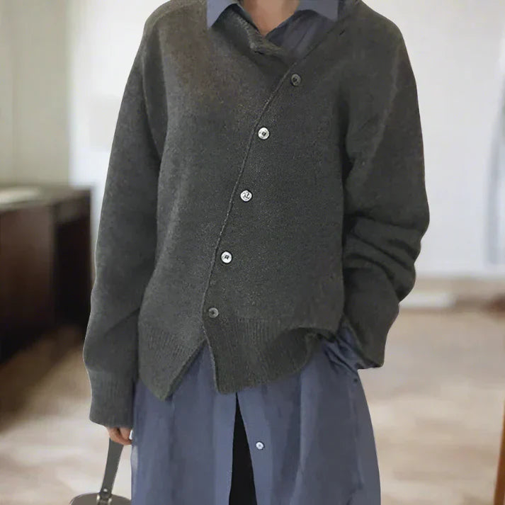 Women's soft knit cardigan in neutral tone with angled diagonal button front, cozy chic everyday fit