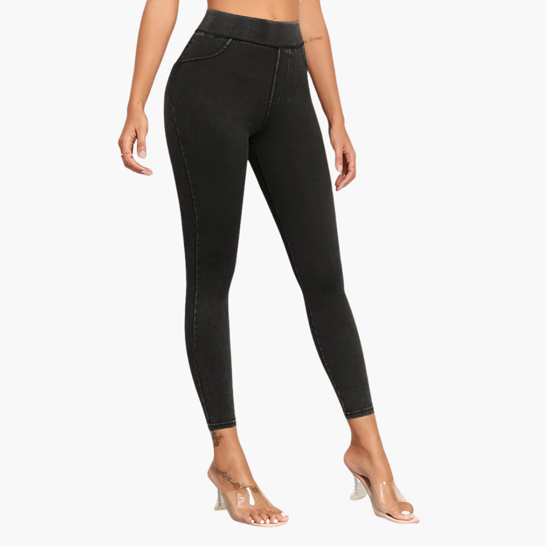 Women's high-waisted slim leg jeggings with button-zip closure for a flattering all-day fit