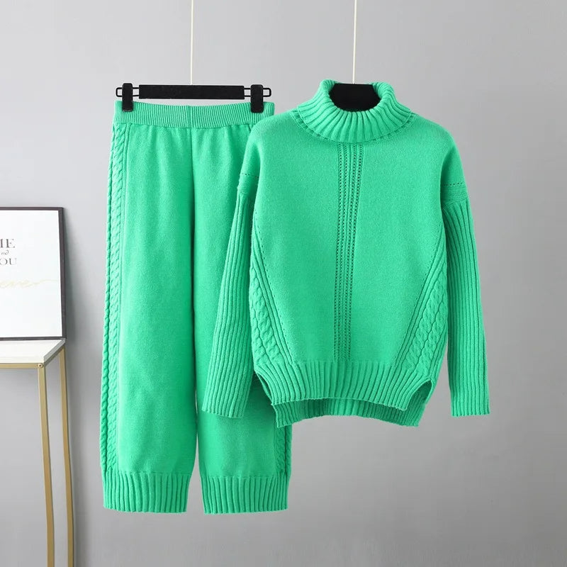 Vibrant cable knit co-ord set turtleneck sweater relaxed pants women cozy two-piece knit