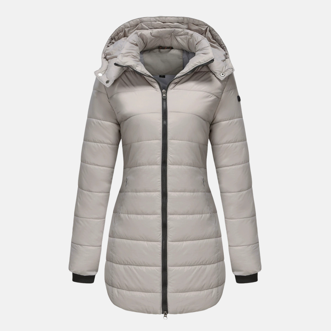 Women's mid-length quilted puffer jacket with detachable hood and ribbed cuffs for cozy winter warmth