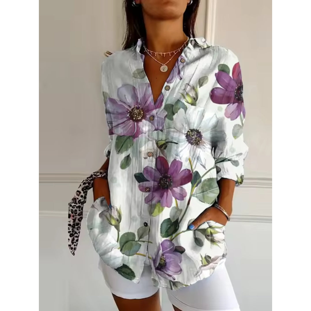 Women's floral print long sleeve button-front blouse with soft blooms and effortless chic silhouette