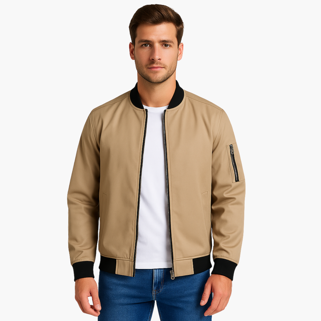 Men's bomber jacket in classic style with zipper front, ribbed hem, and stand-up collar for everyday wear