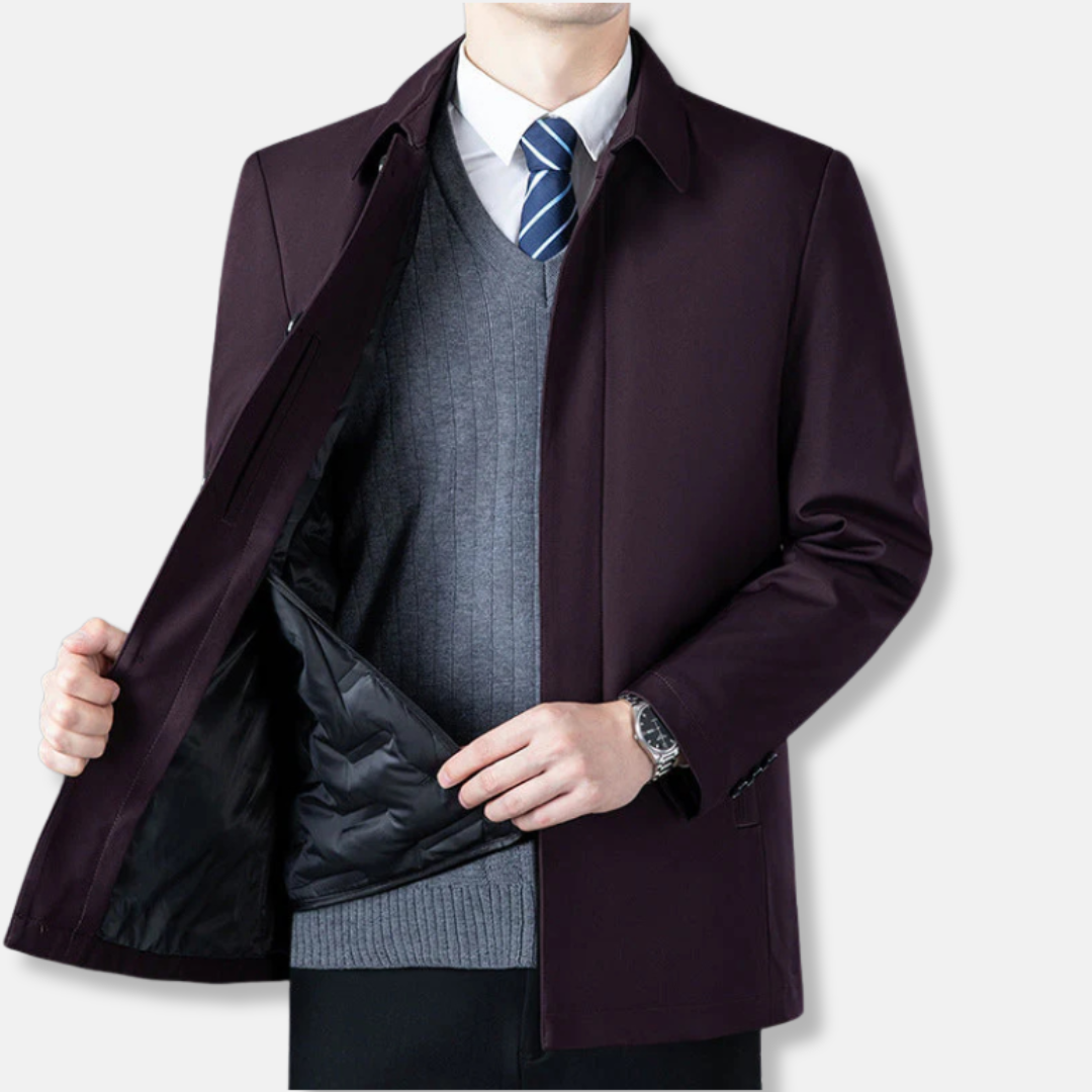 Men's tailored mid-length wool-blend blazer, slim professional cut with refined texture