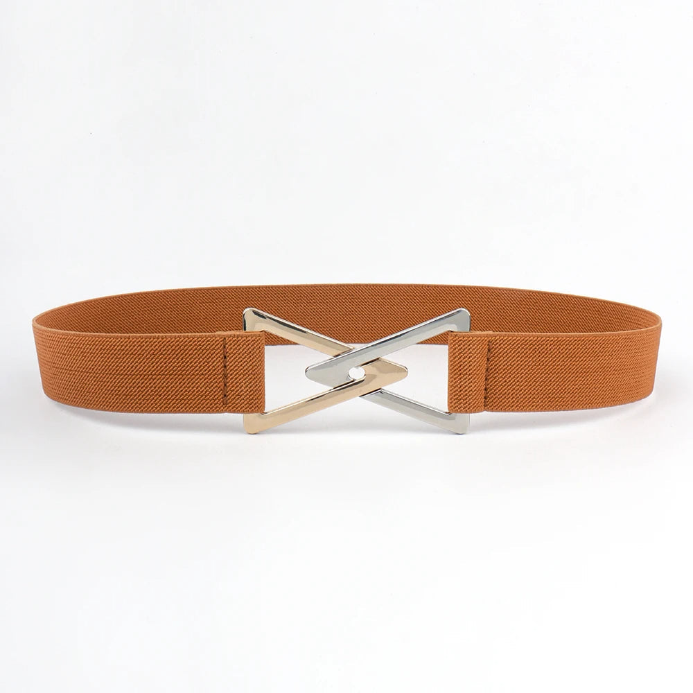 Women's wide elastic waist belt with polished V-shaped triangle buckle and contoured silhouette fit