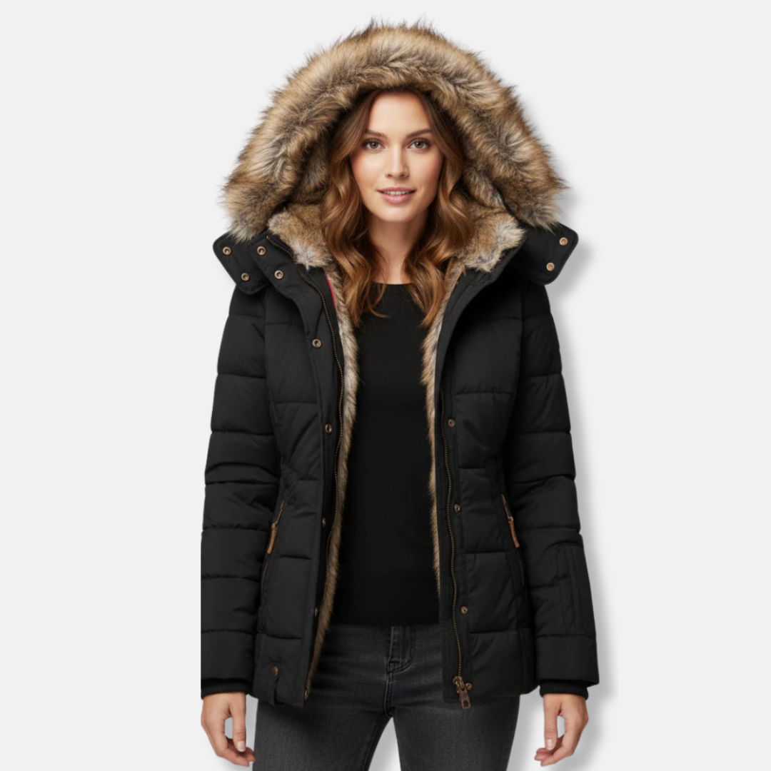 Women's black quilted puffer jacket hip-length silhouette with luxurious fur-trimmed hood
