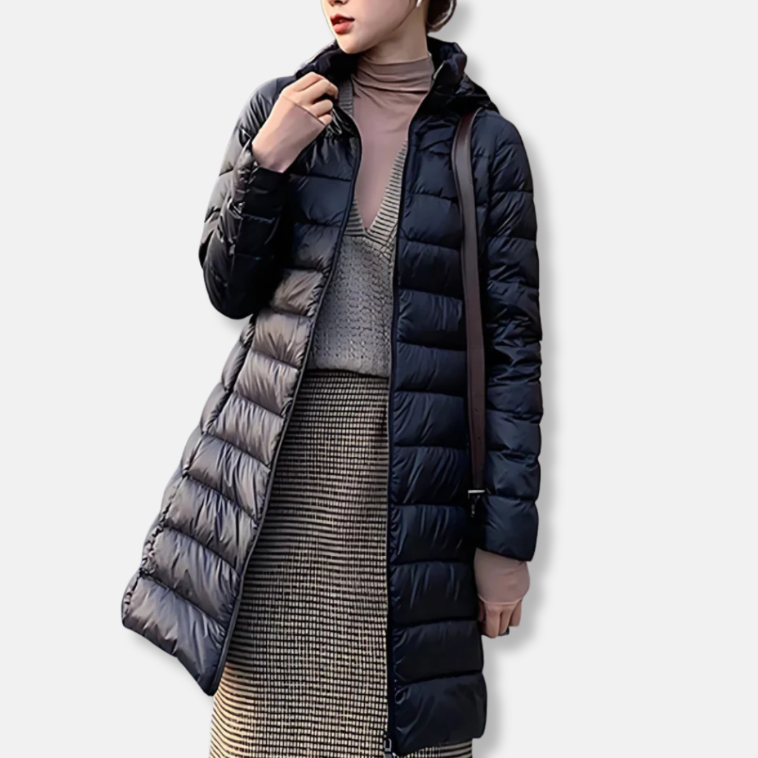 Women's slim-fit quilted nylon puffer jacket in mid-length with hooded neckline for winter warmth
