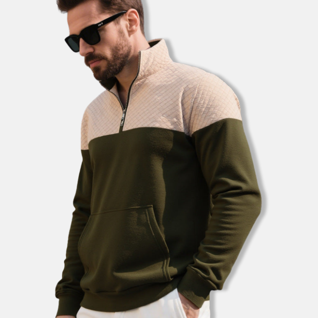 Men's gray cotton blend sweatshirt stand collar half-zip quilted diamond pattern smart casual