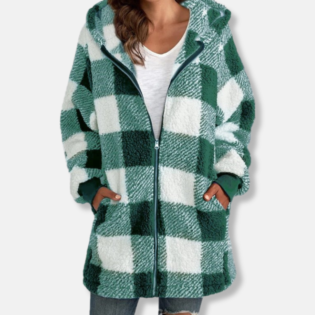 Women's oversized longline hooded knit jacket cozy soft check pattern full-zip fall winter