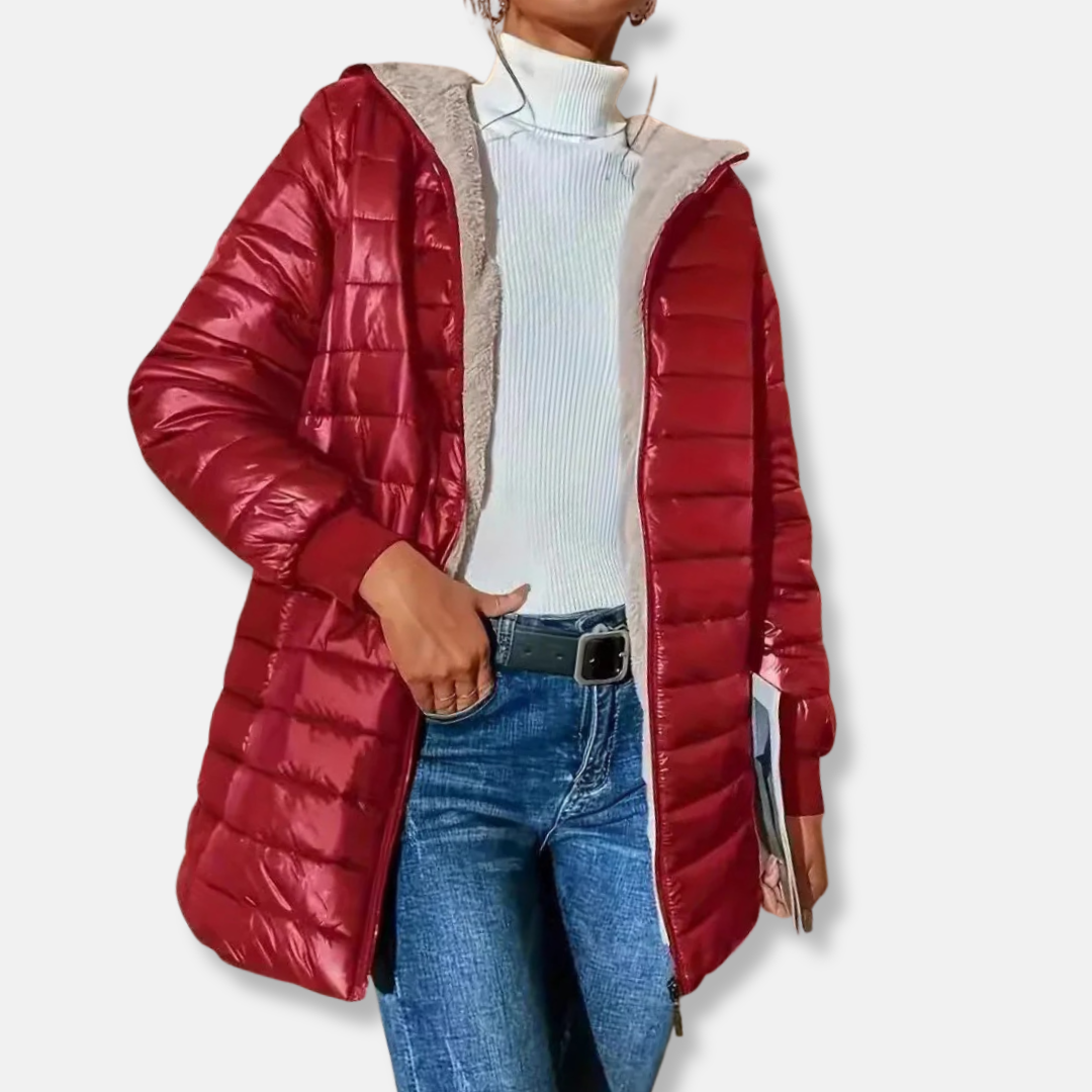 Sienna quilted puffer jacket women hooded relaxed fit mid-thigh length contrast hood lining