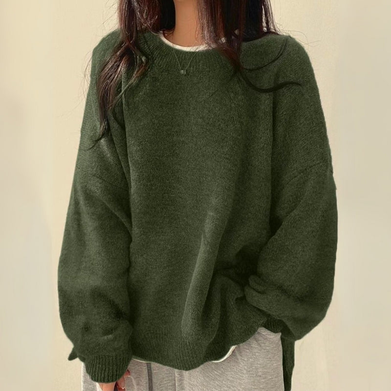 Women's oversized knit sweater neutral tone relaxed fit split hem and side slit for all-season style