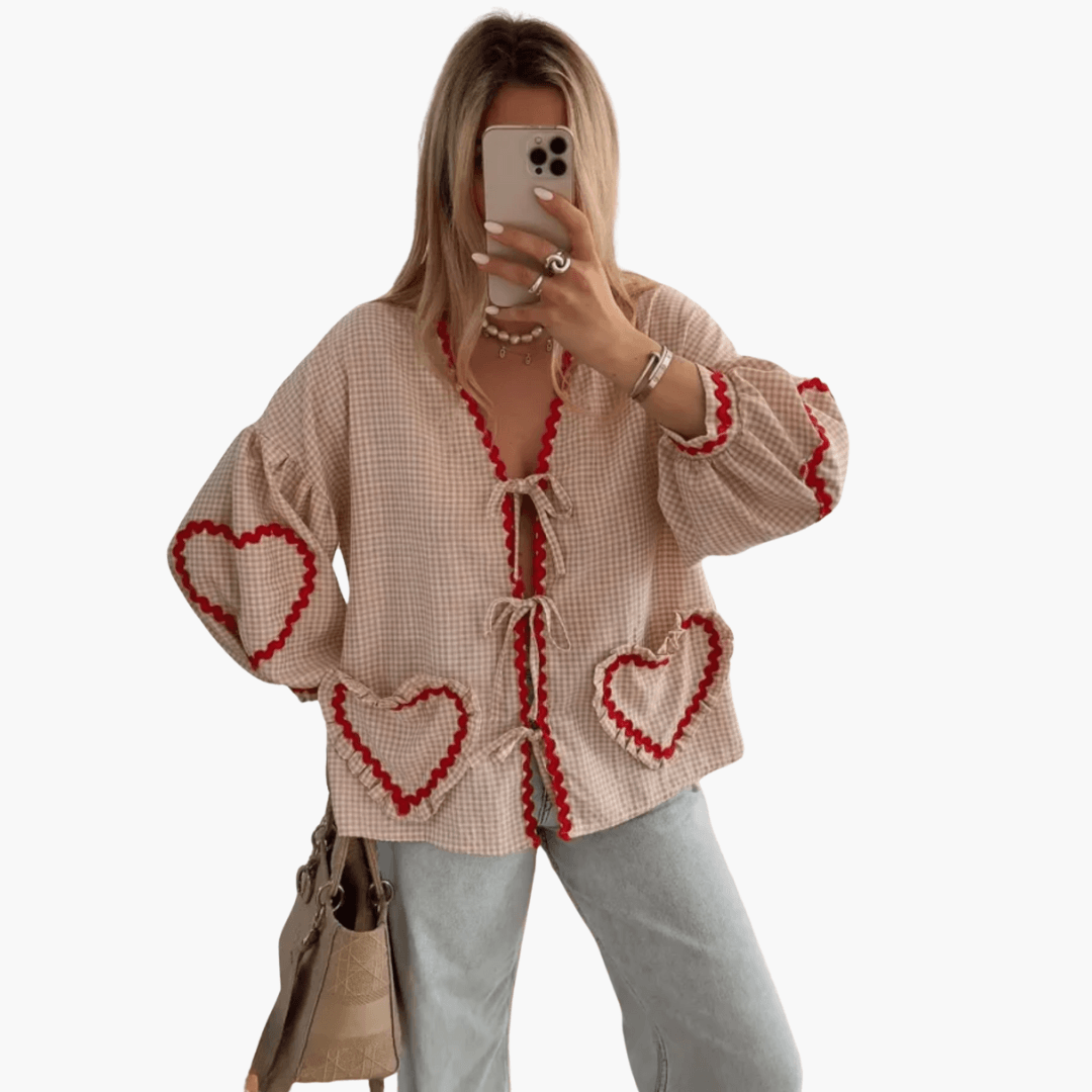 Women's blue white gingham blouse with heart-shaped pockets, casual feminine summer style