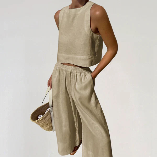 Women's linen set sleeveless cropped top wide-leg pants breathable relaxed fit casual luxury summer