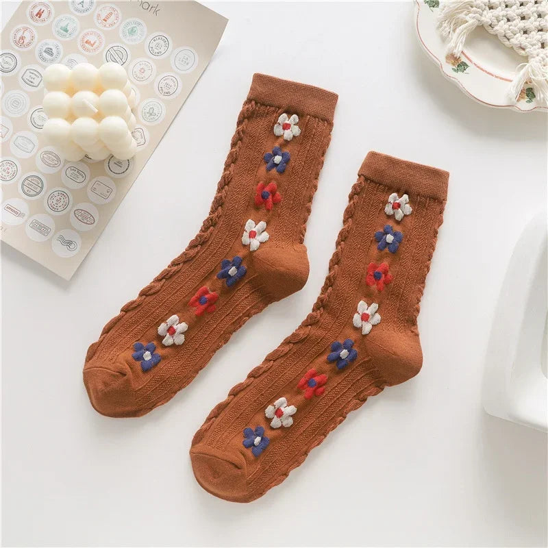 Women's ribbed cotton crew socks set with delicate floral embroidery, vintage-inspired feminine style