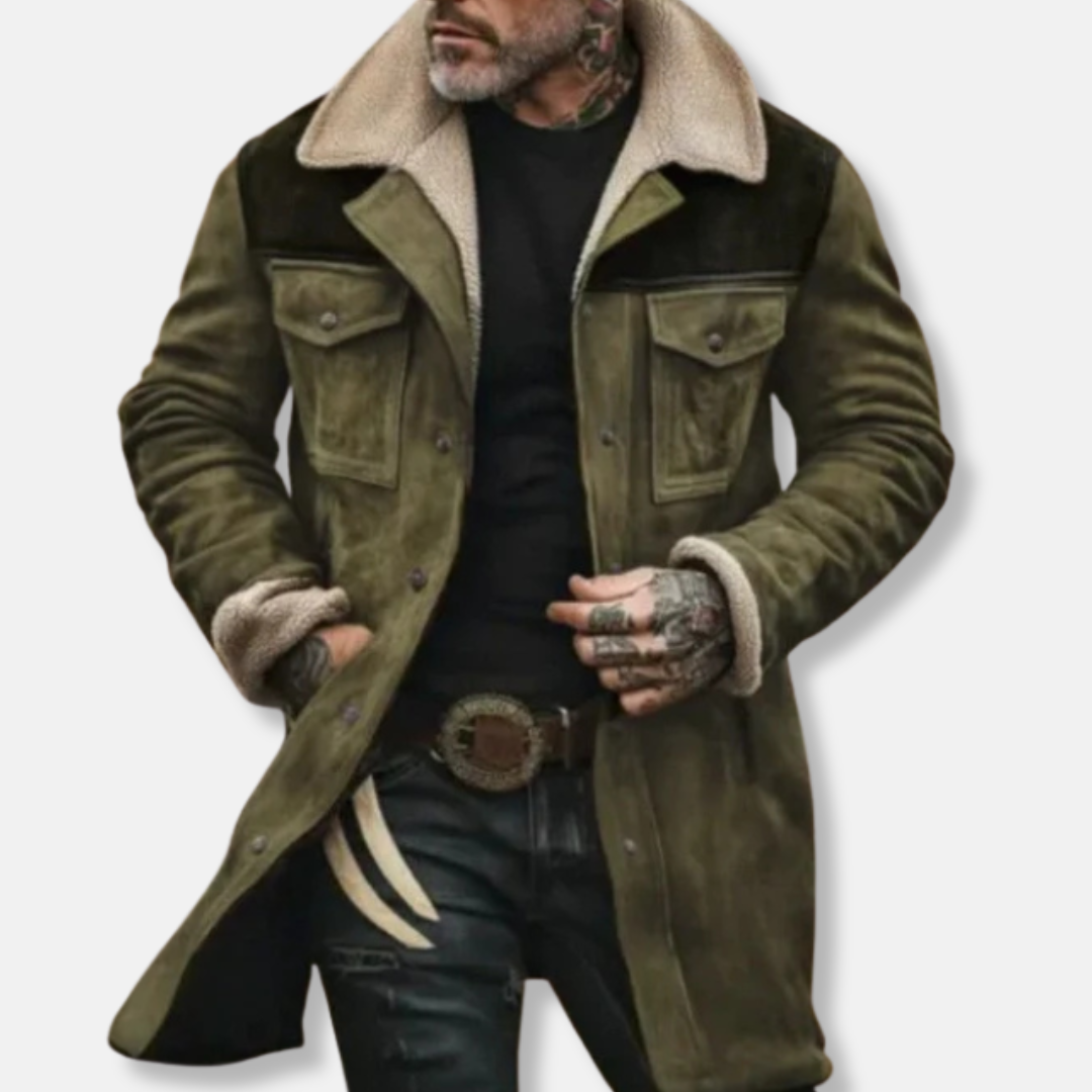 Men's brown suede-like relaxed fit trench coat with plush shearling collar and button front closure