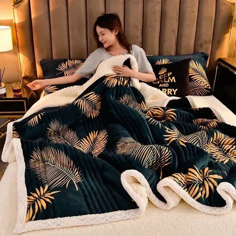 Soft green yellow floral sherpa throw blanket reversible fleece dual-sided ultra plush cozy design