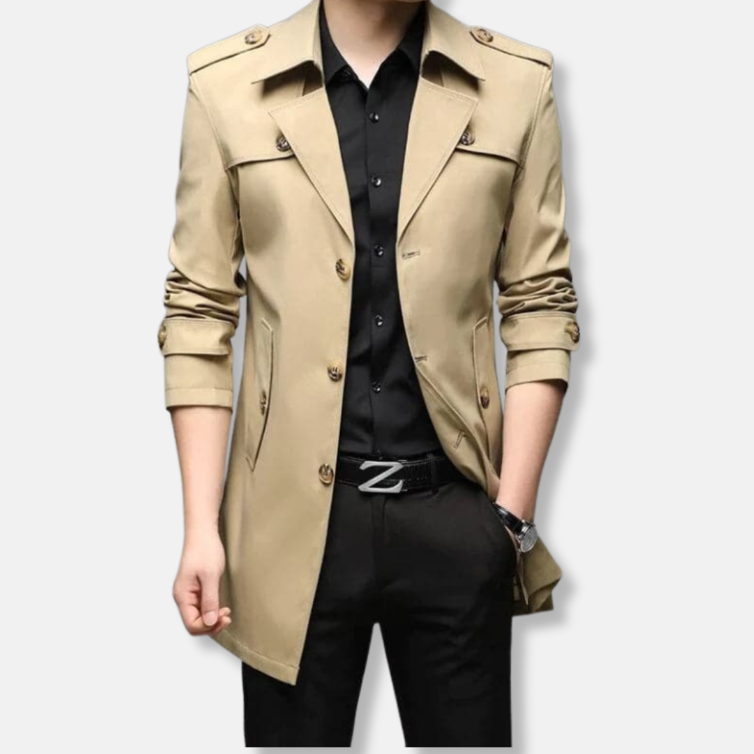 Men's slim fit thigh-length trench coat with button front, epaulets, and storm flaps