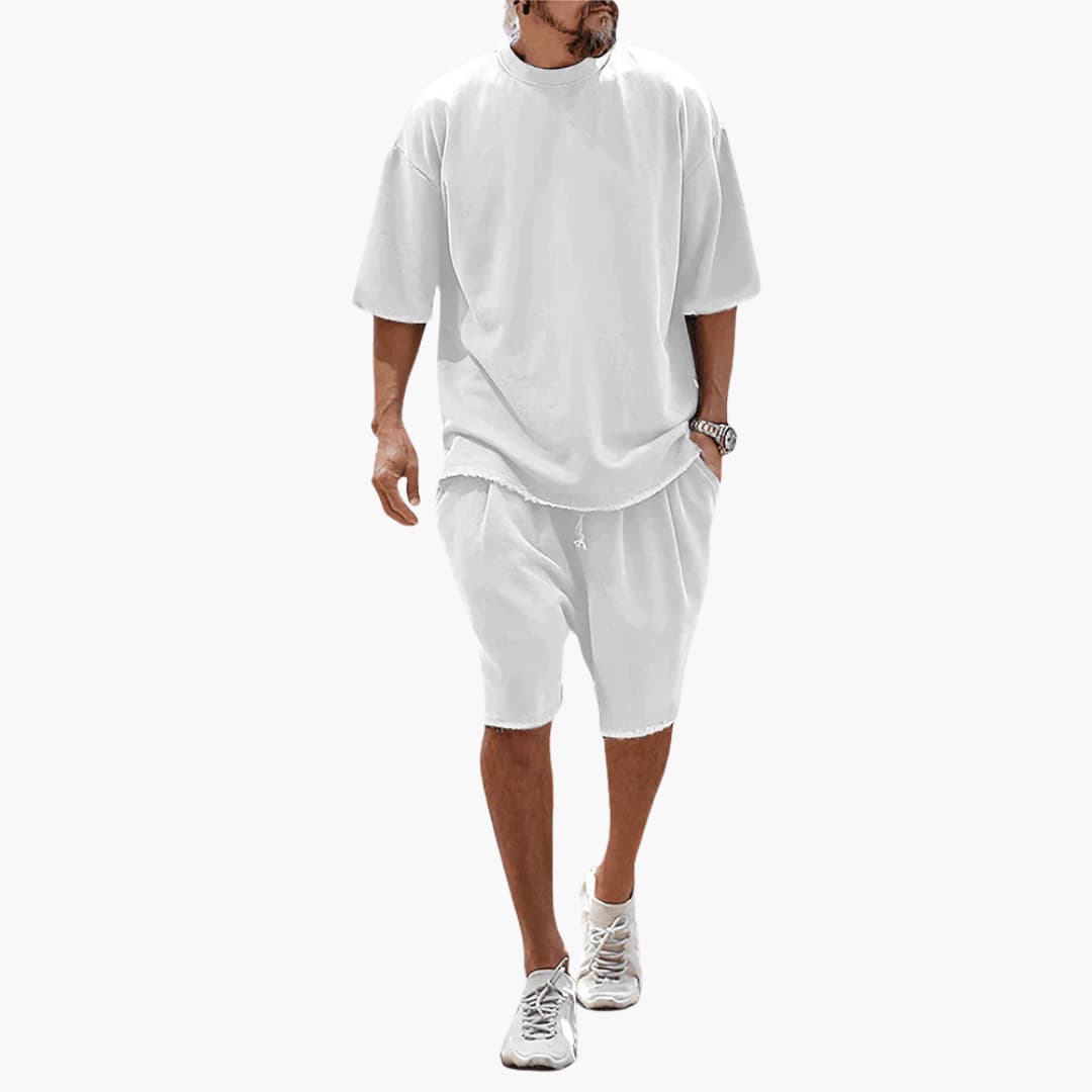 Men's light blue oversized short-sleeve shirt and drawstring shorts two-piece summer set