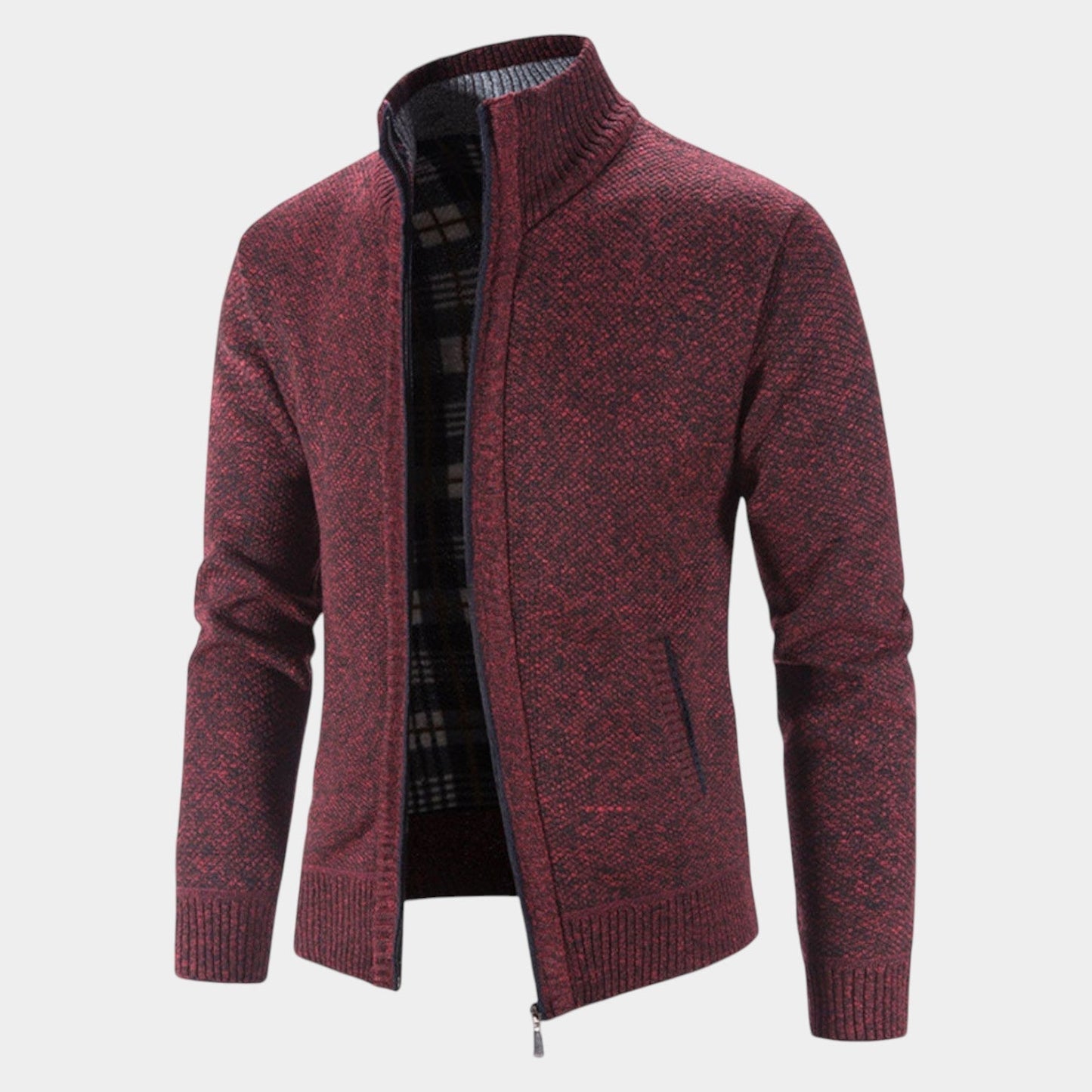 Men's grey knit cardigan with stand-up collar, full-zip closure, slim contemporary silhouette
