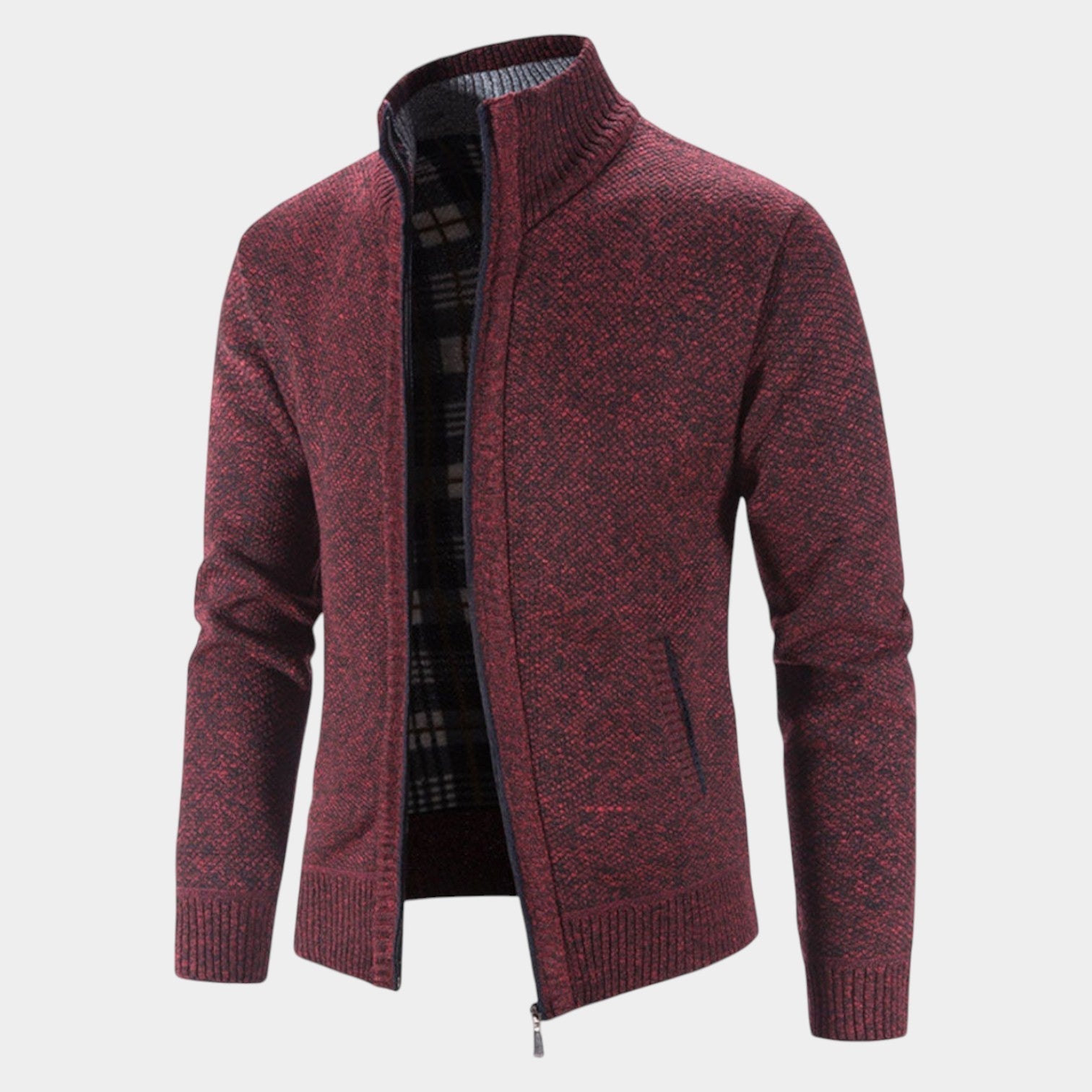 Men's grey knit cardigan with stand-up collar, full-zip closure, slim contemporary silhouette
