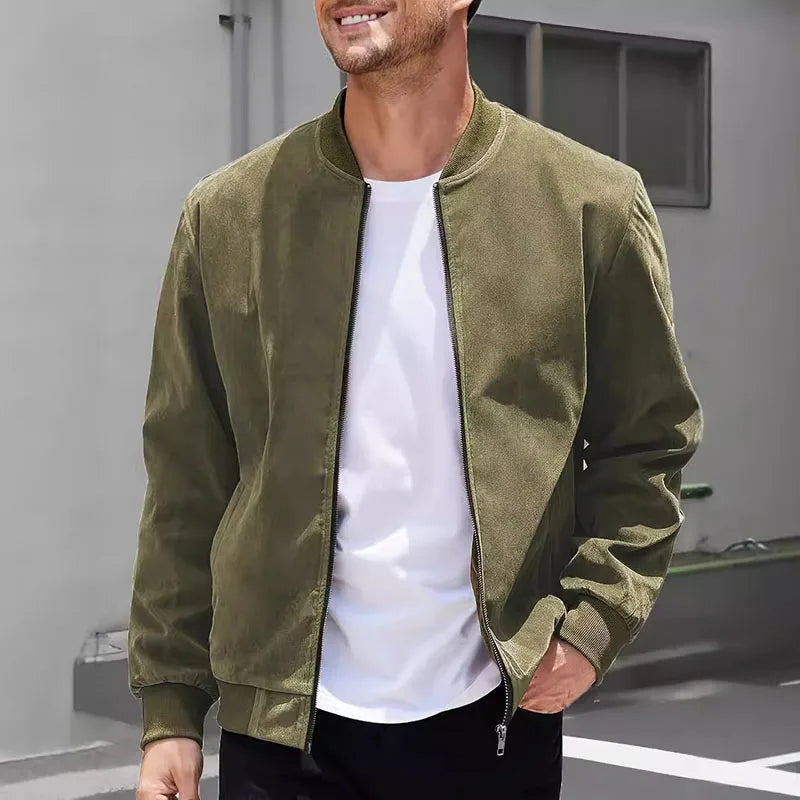 Men's slim fit suede bomber jacket in neutral tone with luxurious texture and urban streetwear silhouette