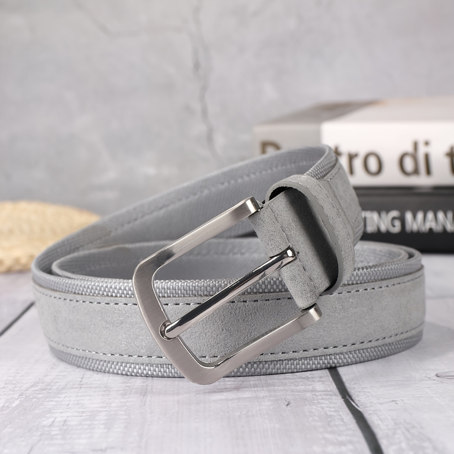 Slate suede microfiber leather belt matte buckle everyday casual wear refined texture premium quality