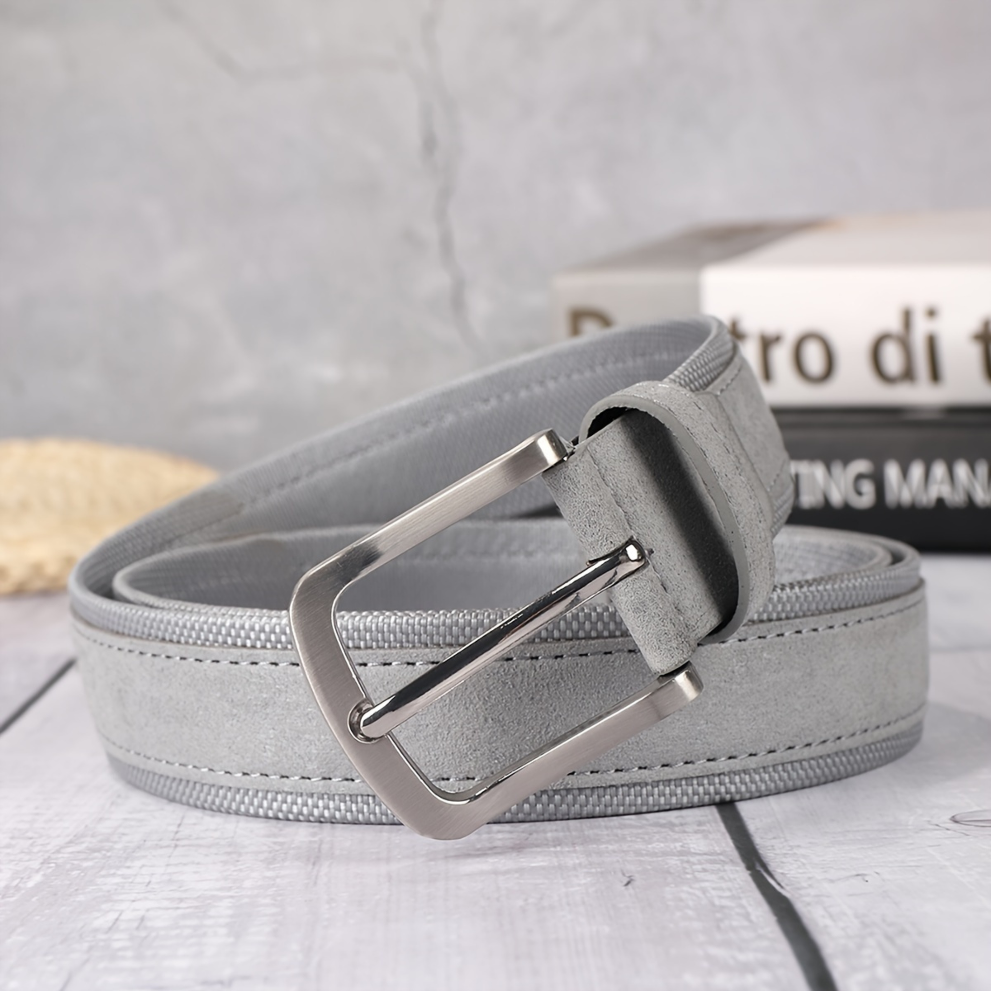 Slate suede microfiber leather belt matte buckle everyday casual wear refined texture premium quality