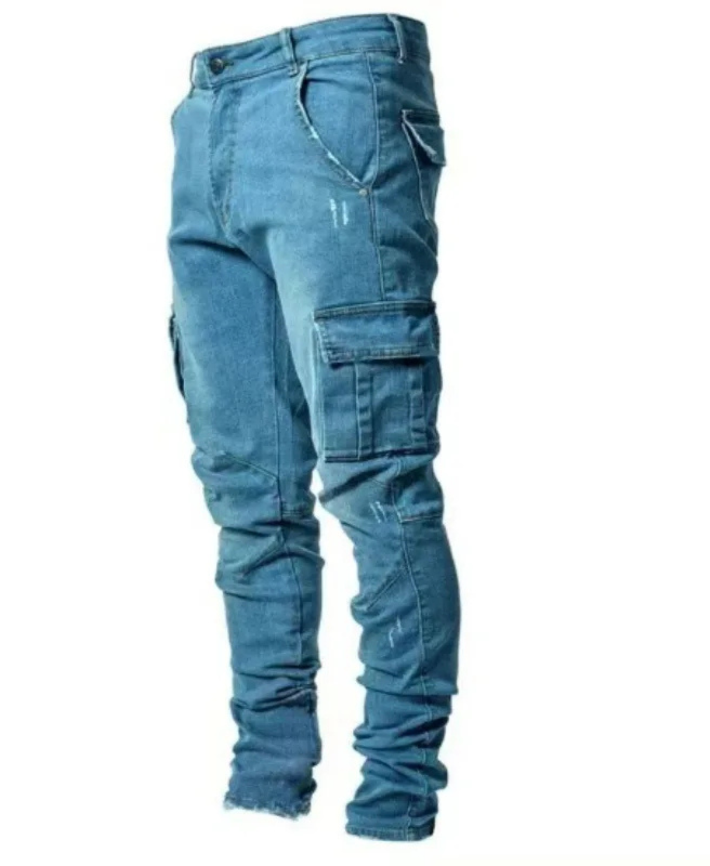 Men's stacked slim tapered stretch denim jeans with oversized cargo pockets sculpted active fit