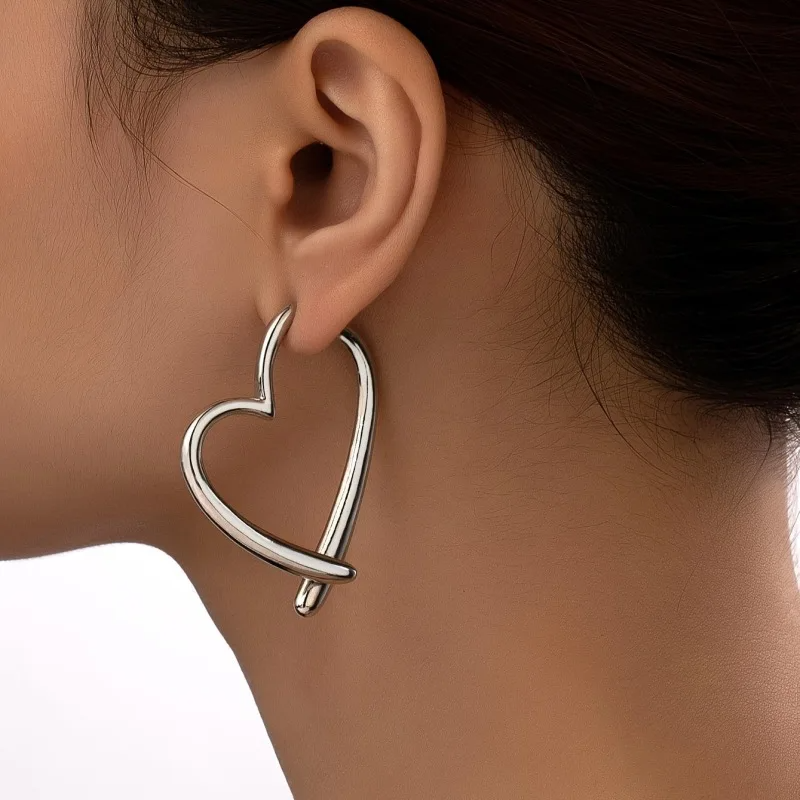 Bold heart hoop earrings non-tarnish polished metal lightweight secure closure women statement jewelry