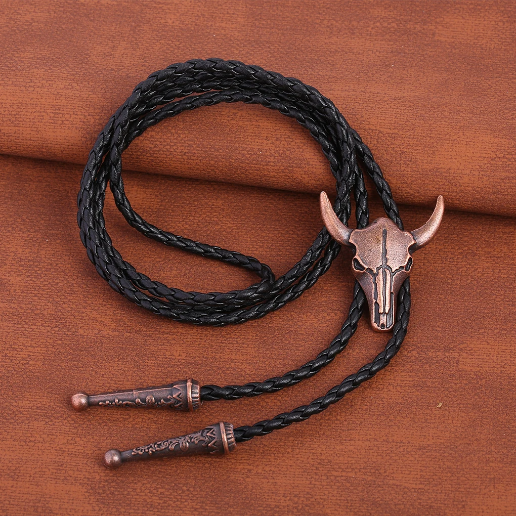 Western bolo tie sculpted longhorn skull centerpiece engraved tips braided faux leather adjustable cord