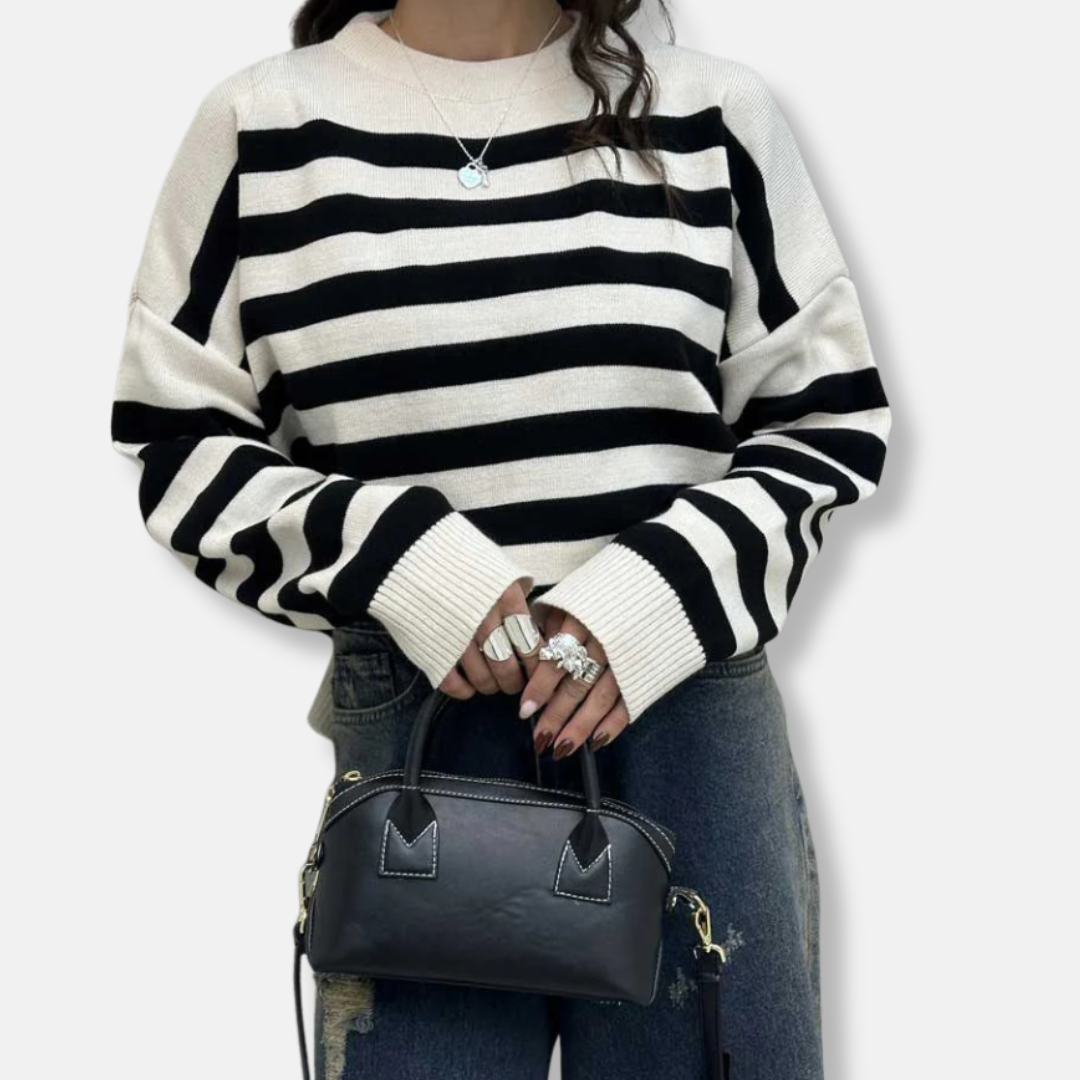 Women's loose fit striped knit pullover sweatshirt crew neck with ribbed hem cozy casual style