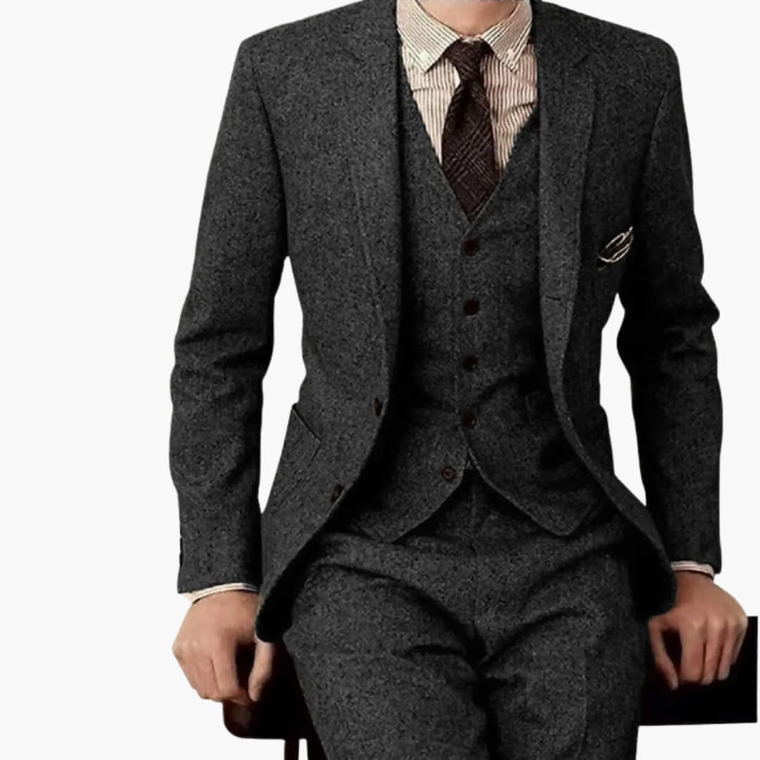 Men's black three-piece suit notched lapels blazer waistcoat pants formal slim fit