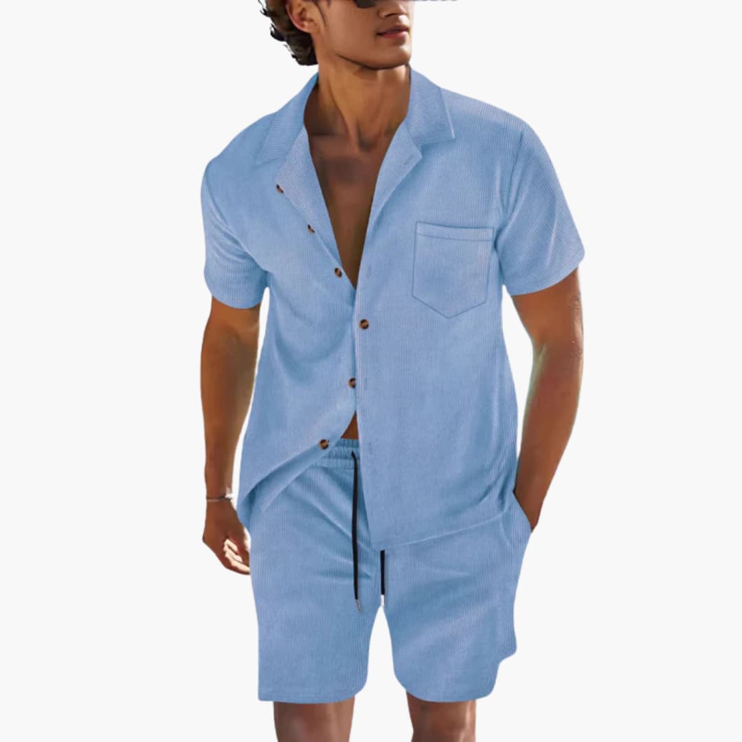 Men's lightweight relaxed-fit Cuban collar shirt and drawstring shorts two-piece summer set